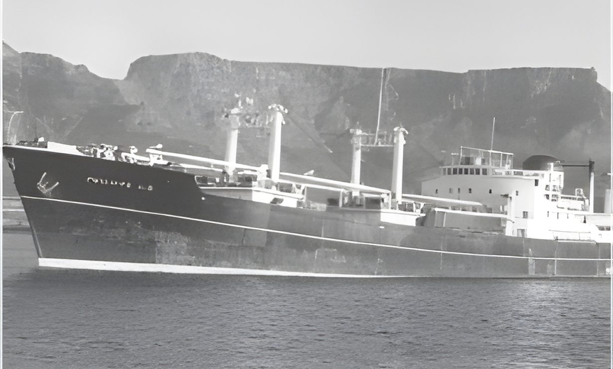 Cargo de la flotte devant la montagne de la Table, au Cap