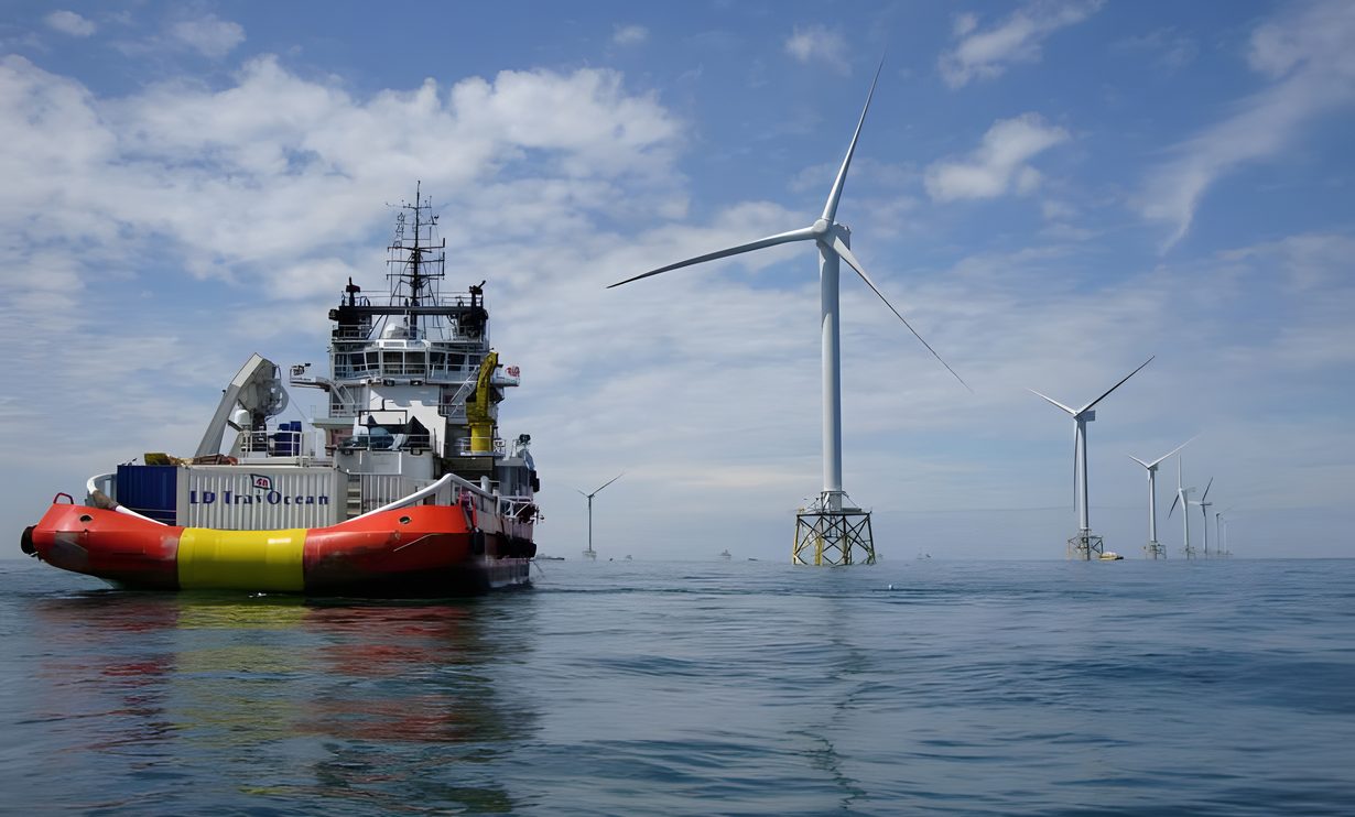 Navire de service devant les éoliennes d'un parc en mer